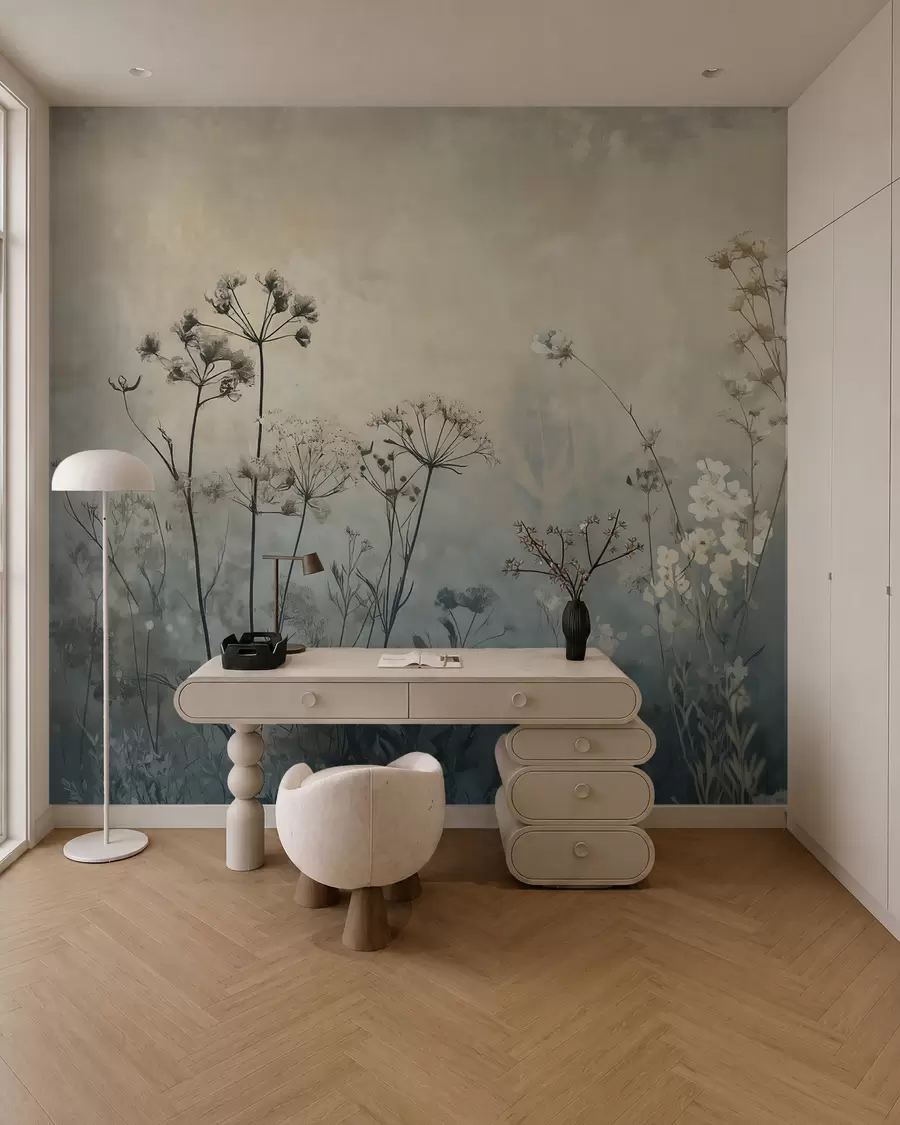Fototapet tapet i ekostil med vildblommor och växter på en texturerad bakgrund w02685