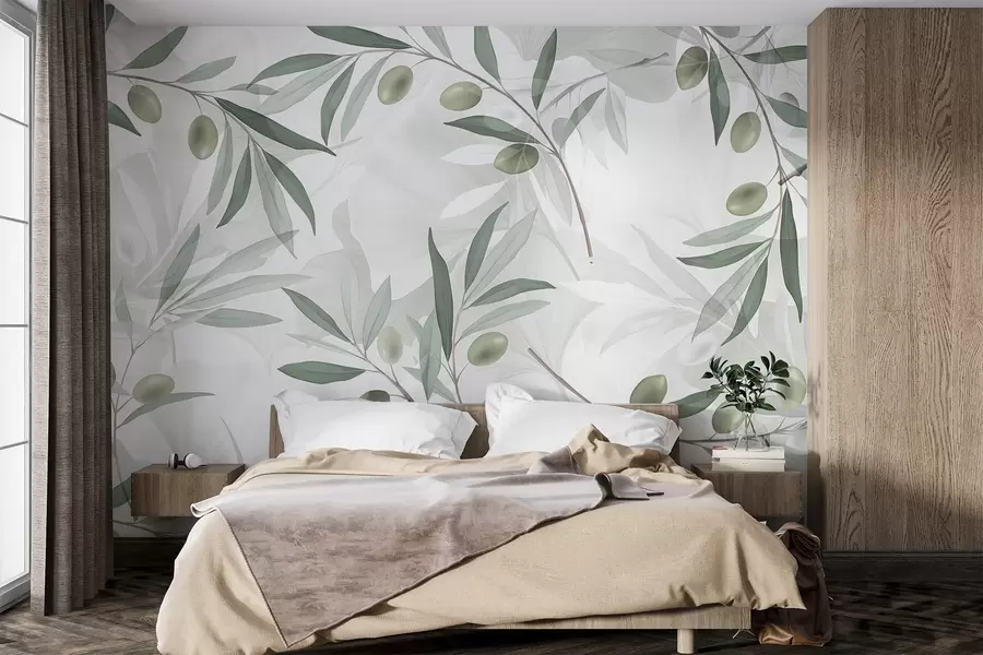 Fototapet Olivkvistar med gröna blad och oliver mot en ljus bakgrund w08576