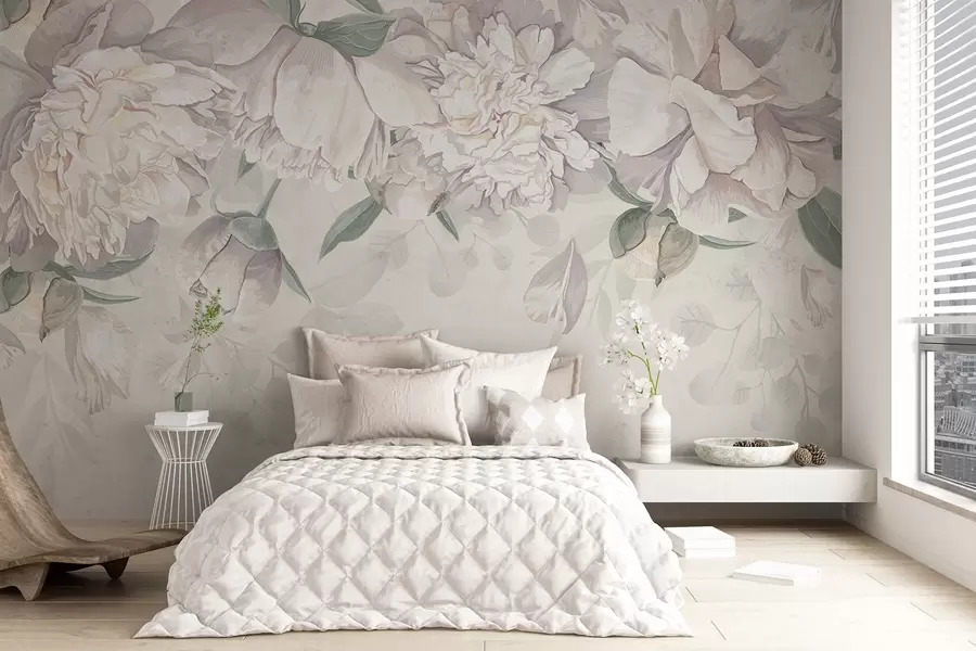 Fototapet Fina vita och rosa pastellpioner med gröna blad, arrangerade i en mjuk, romantisk blomsterbakgrund w08577