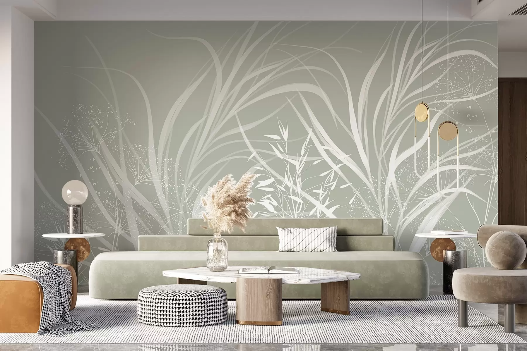 Fototapet Fint modernt minimalistiskt vitt blommönster på en ljus pastellgrön bakgrund w08583v1