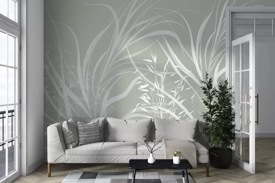Fototapet Fint modernt minimalistiskt vitt blommönster på en ljus pastellgrön bakgrund w08583v1