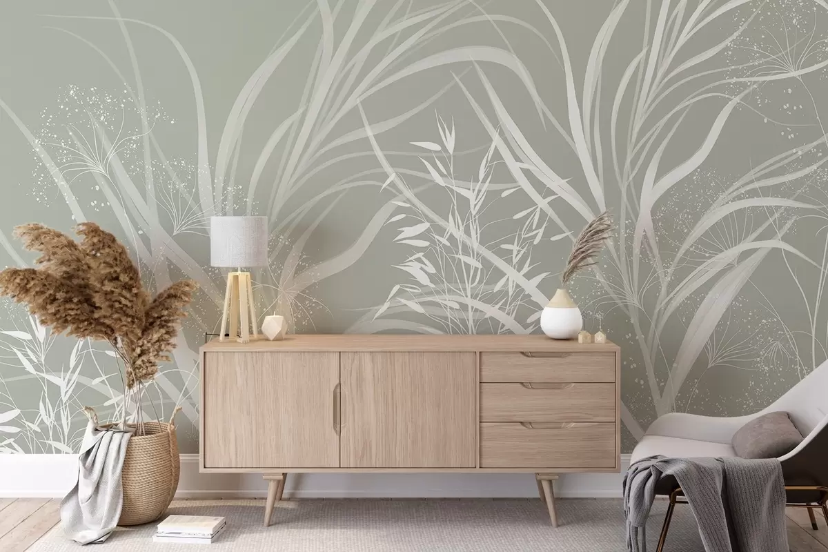 Fototapet Fint modernt minimalistiskt vitt blommönster på en ljus pastellgrön bakgrund w08583v1