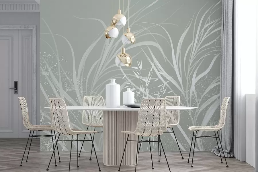 Fototapet Fint modernt minimalistiskt vitt blommönster på en ljus pastellgrön bakgrund w08583v1