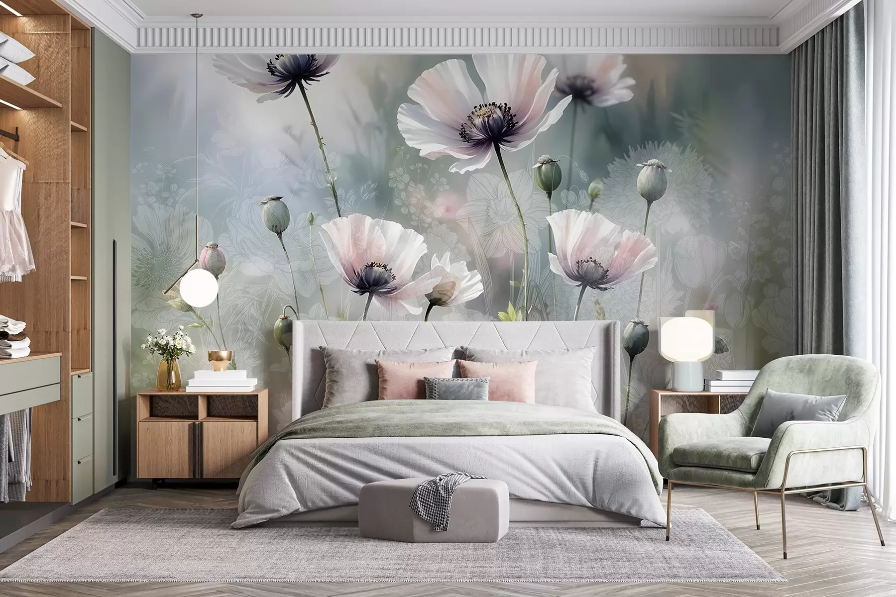 Fototapet Fina rosa och lila vallmor med gröna stjälkar och knoppar mot en mjuk, suddig texturerad bakgrund w08585
