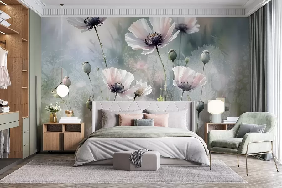 Fototapet Fina rosa och lila vallmor med gröna stjälkar och knoppar mot en mjuk, suddig texturerad bakgrund w08585