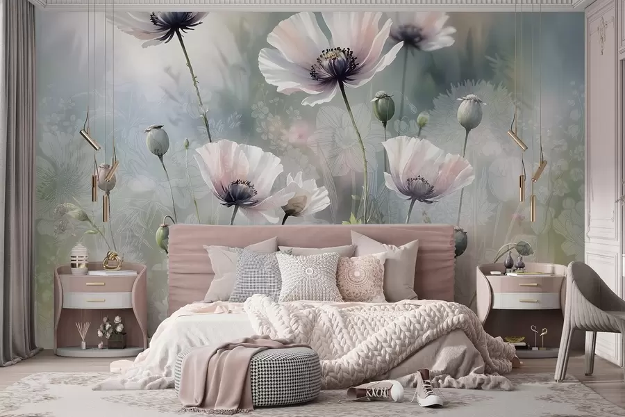 Fototapet Fina rosa och lila vallmor med gröna stjälkar och knoppar mot en mjuk, suddig texturerad bakgrund w08585