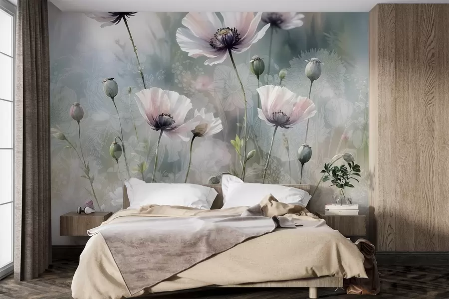 Fototapet Fina rosa och lila vallmor med gröna stjälkar och knoppar mot en mjuk, suddig texturerad bakgrund w08585