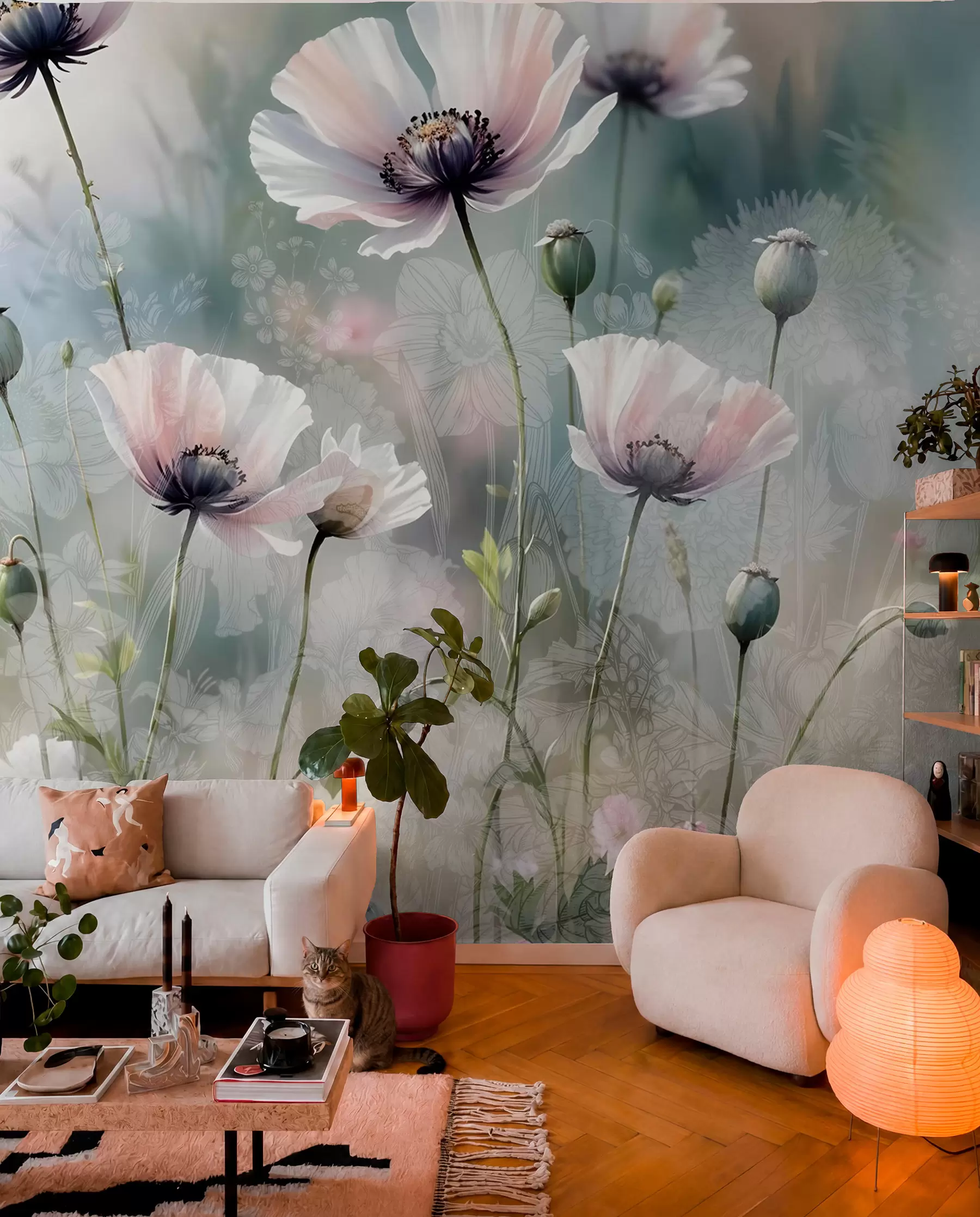 Fototapet Fina rosa och lila vallmor med gröna stjälkar och knoppar mot en mjuk, suddig texturerad bakgrund w08585