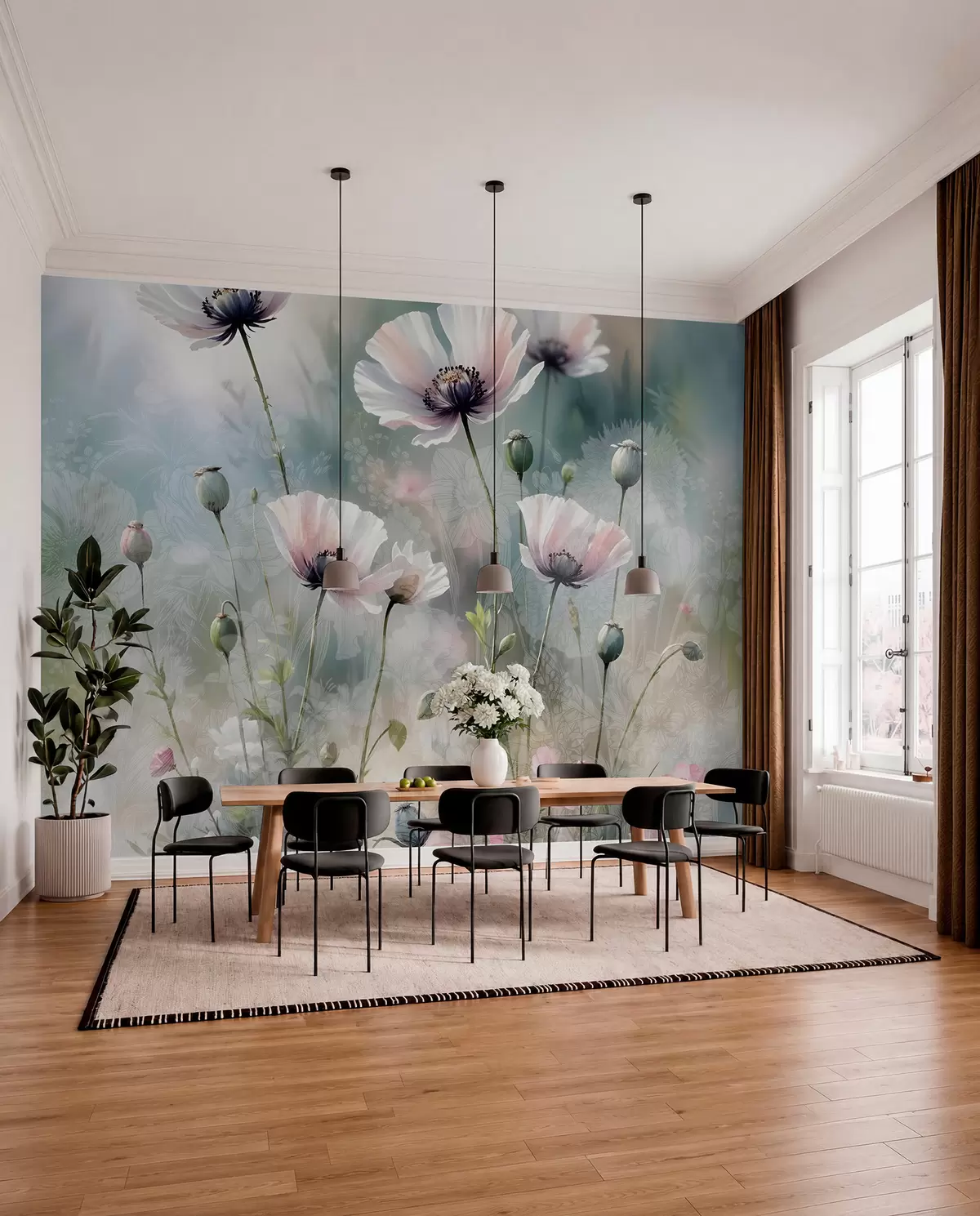 Fototapet Fina rosa och lila vallmor med gröna stjälkar och knoppar mot en mjuk, suddig texturerad bakgrund w08585