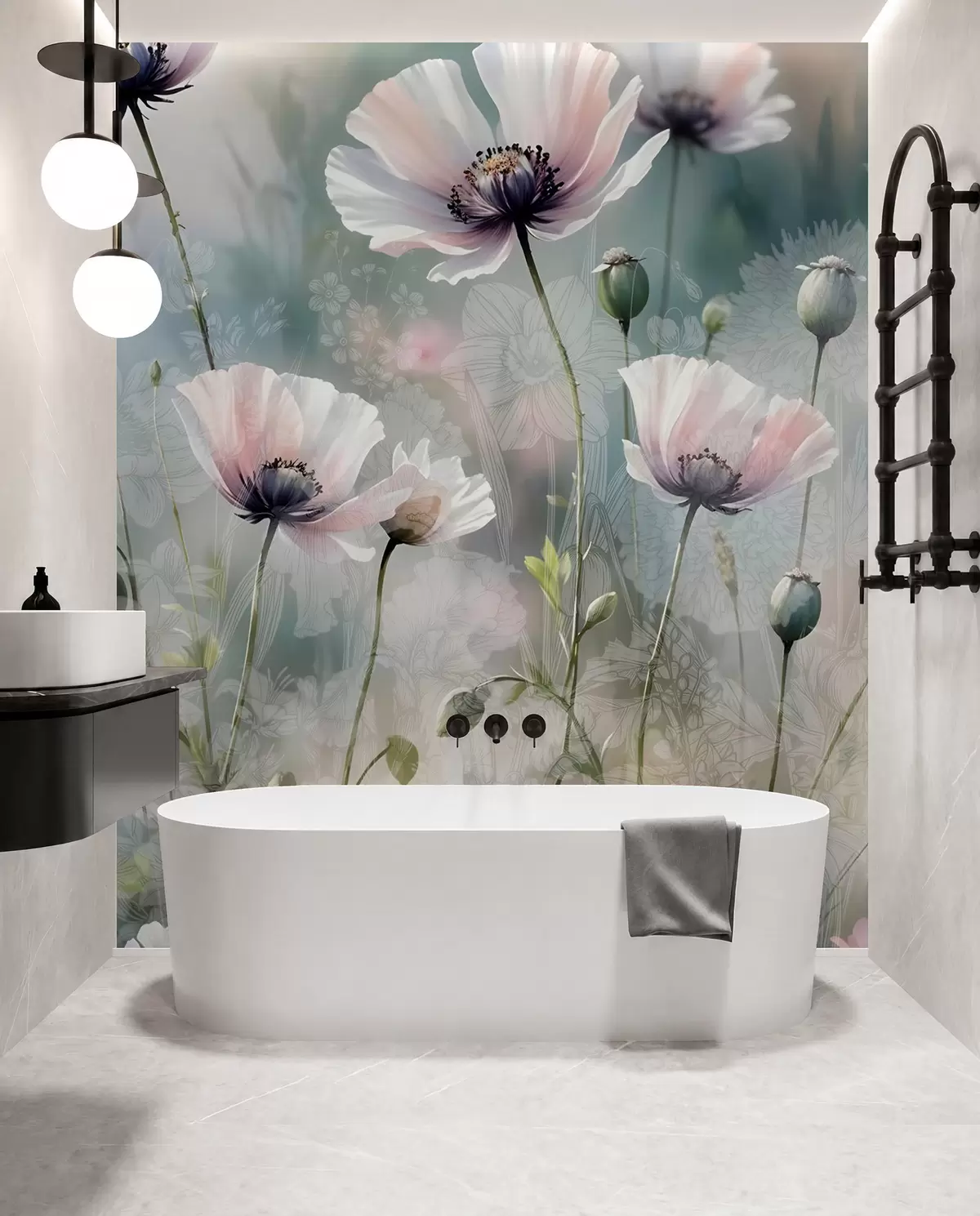 Fototapet Fina rosa och lila vallmor med gröna stjälkar och knoppar mot en mjuk, suddig texturerad bakgrund w08585