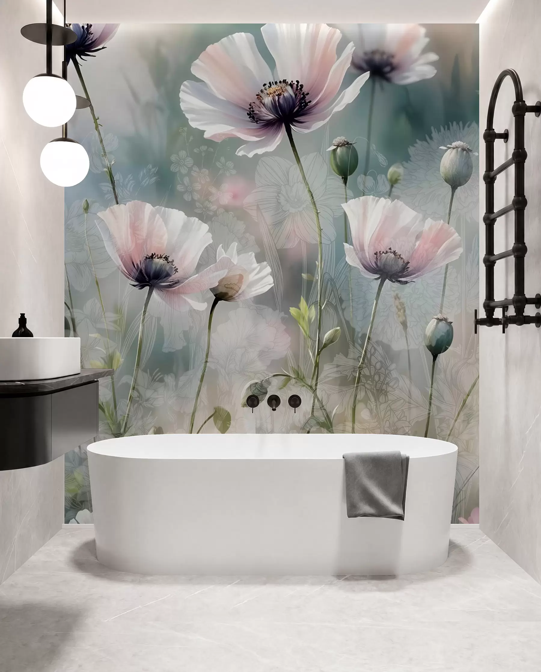 Fototapet Fina rosa och lila vallmor med gröna stjälkar och knoppar mot en mjuk, suddig texturerad bakgrund w08585