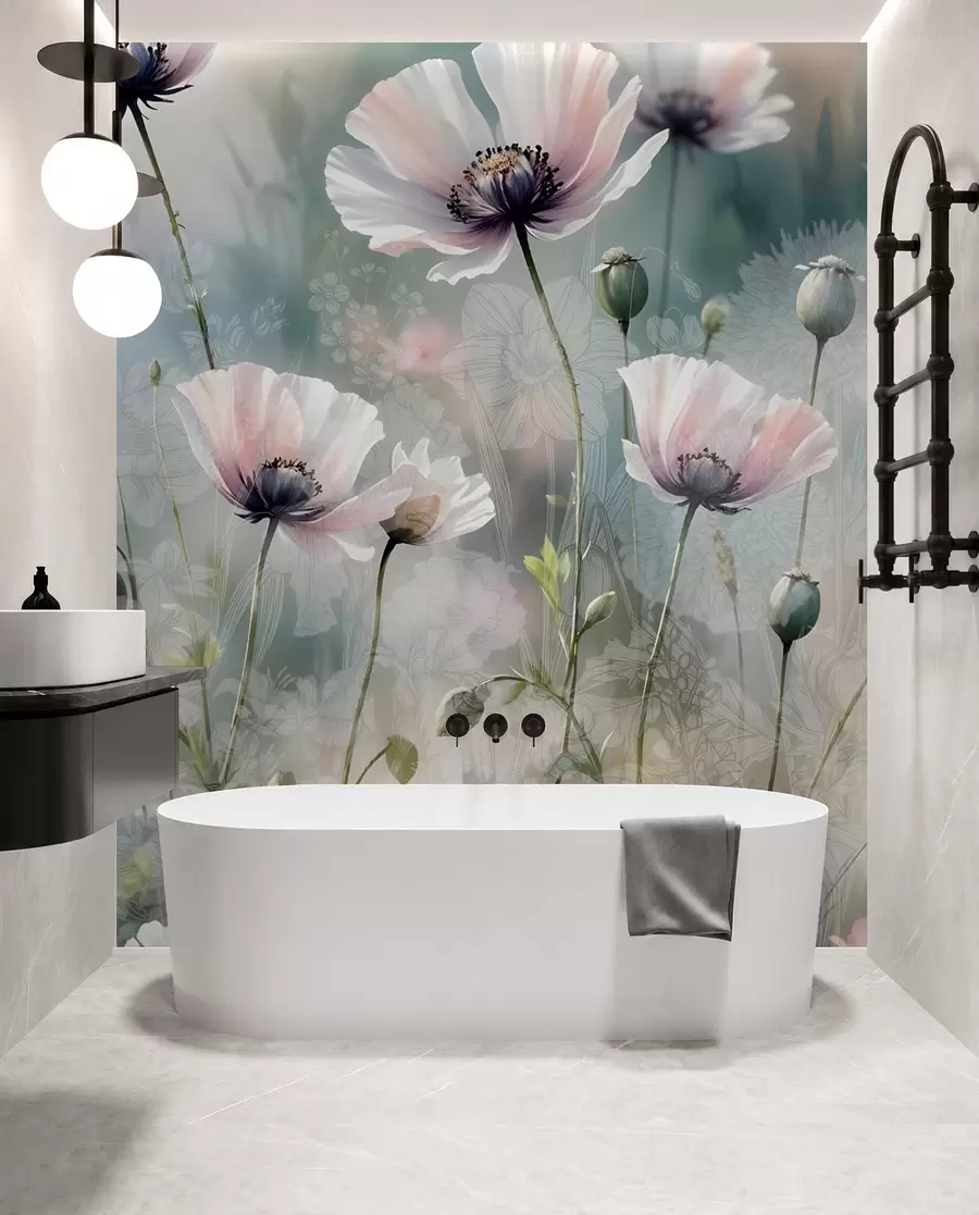 Fototapet Fina rosa och lila vallmor med gröna stjälkar och knoppar mot en mjuk, suddig texturerad bakgrund w08585