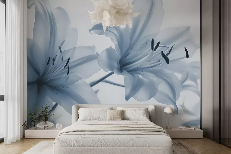 Fototapet Mjukfokuserad närbild av blå minimalistiska liljeblommor mot en ljus bakgrund w08586