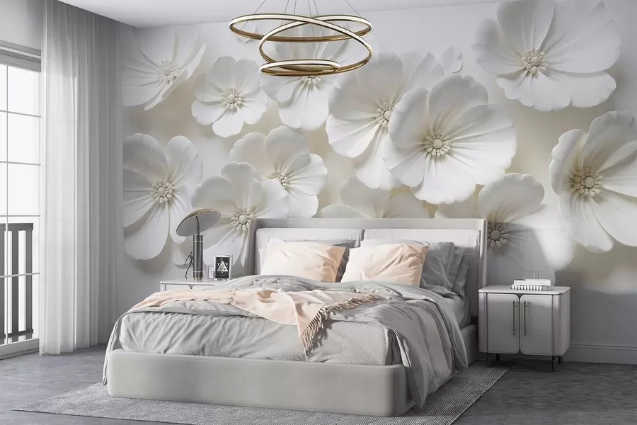 Fototapet Vita blommor med skira kronblad och centrum mot en ljus bakgrund w08587