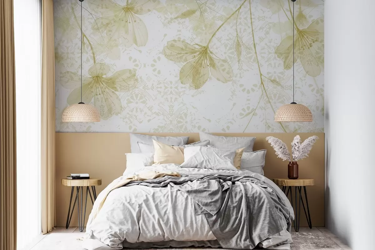 Fototapet Delikata gula och vita blommor med långa stjälkar och kronblad mot en mjuk, oskarp texturbakgrund w08588v2