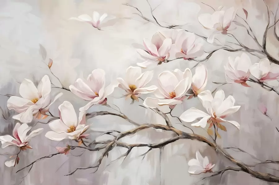 Fototapet Fina rosa magnoliablommor som blommar på nakna trädgrenar mot en mjuk, disig bakgrund w08589