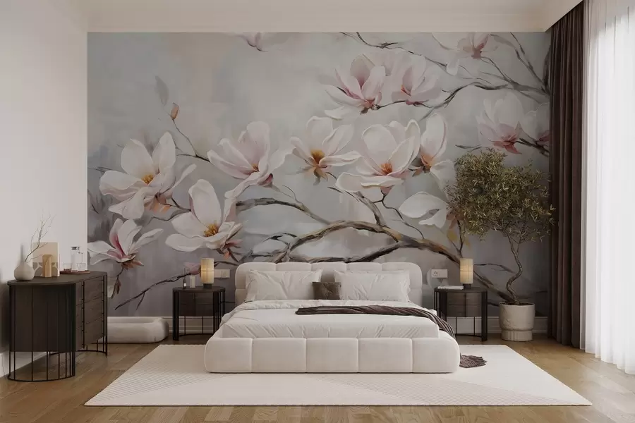 Fototapet Fina rosa magnoliablommor som blommar på nakna trädgrenar mot en mjuk, disig bakgrund w08589