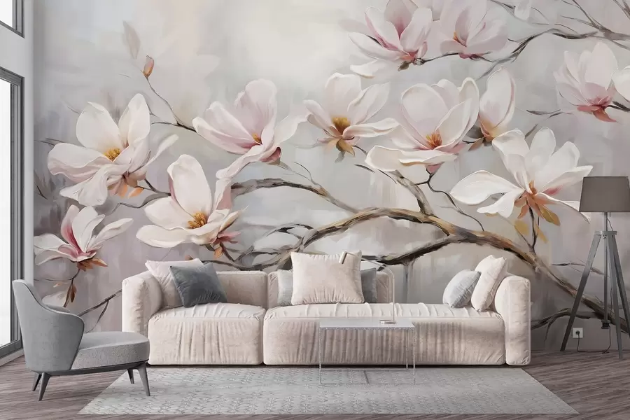 Fototapet Fina rosa magnoliablommor som blommar på nakna trädgrenar mot en mjuk, disig bakgrund w08589