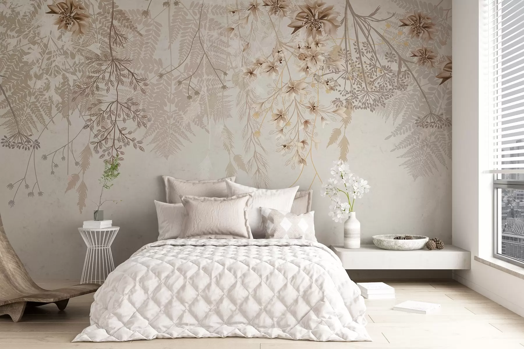 Fototapet Fina blomgrenar och gräs med vita, grå och beige blommor som faller ner över en ljus bakgrund w08598