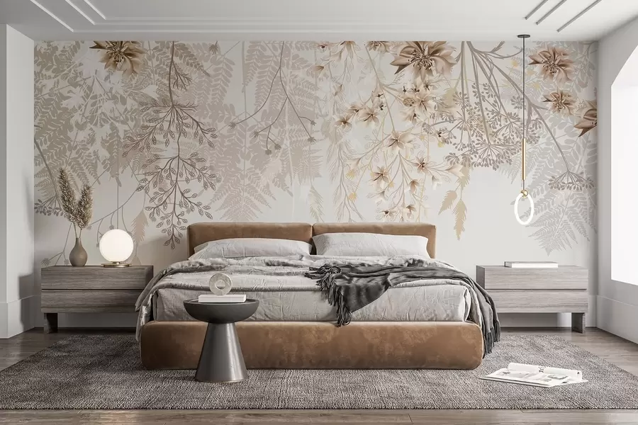 Fototapet Fina blomgrenar och gräs med vita, grå och beige blommor som faller ner över en ljus bakgrund w08598