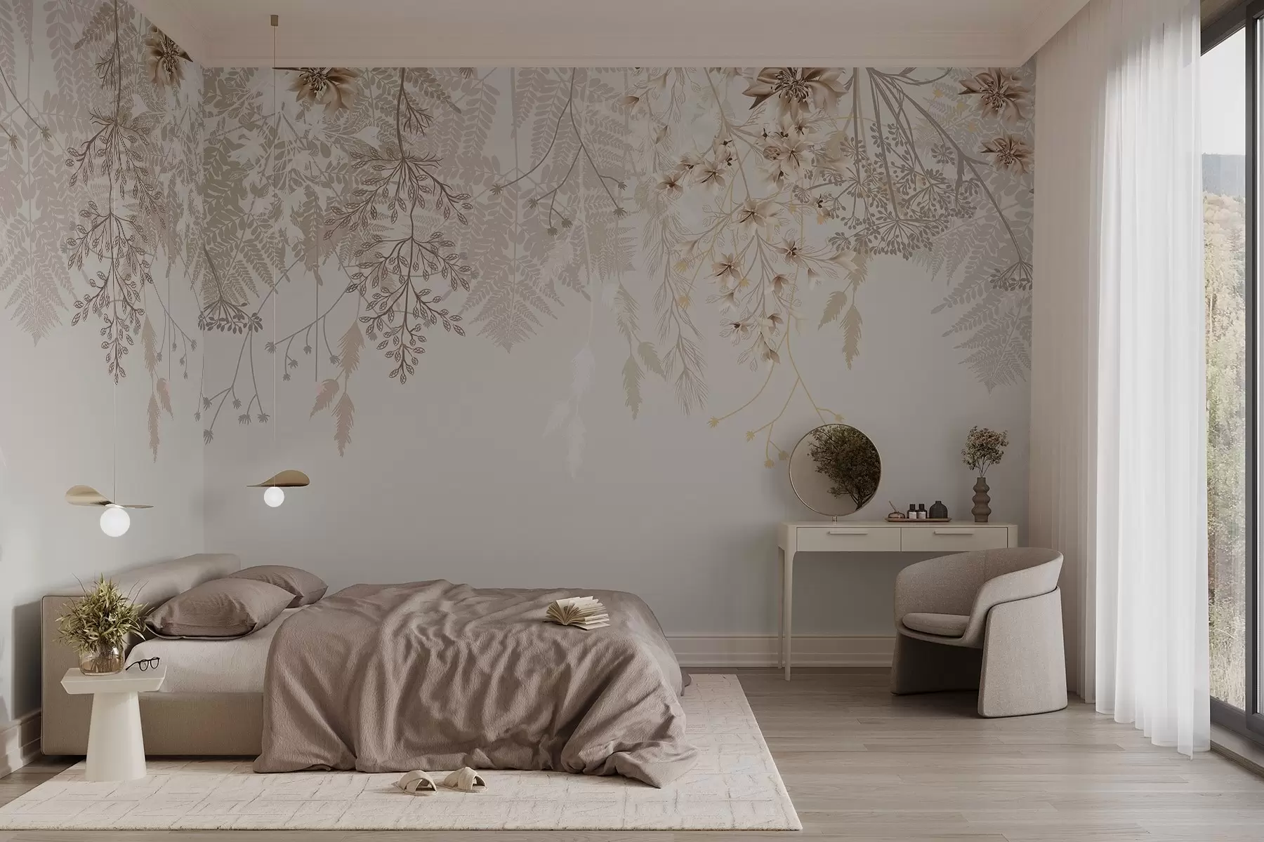Fototapet Fina blomgrenar och gräs med vita, grå och beige blommor som faller ner över en ljus bakgrund w08598
