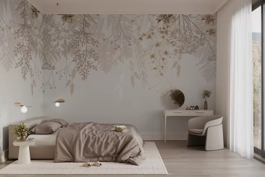 Fototapet Fina blomgrenar och gräs med vita, grå och beige blommor som faller ner över en ljus bakgrund w08598