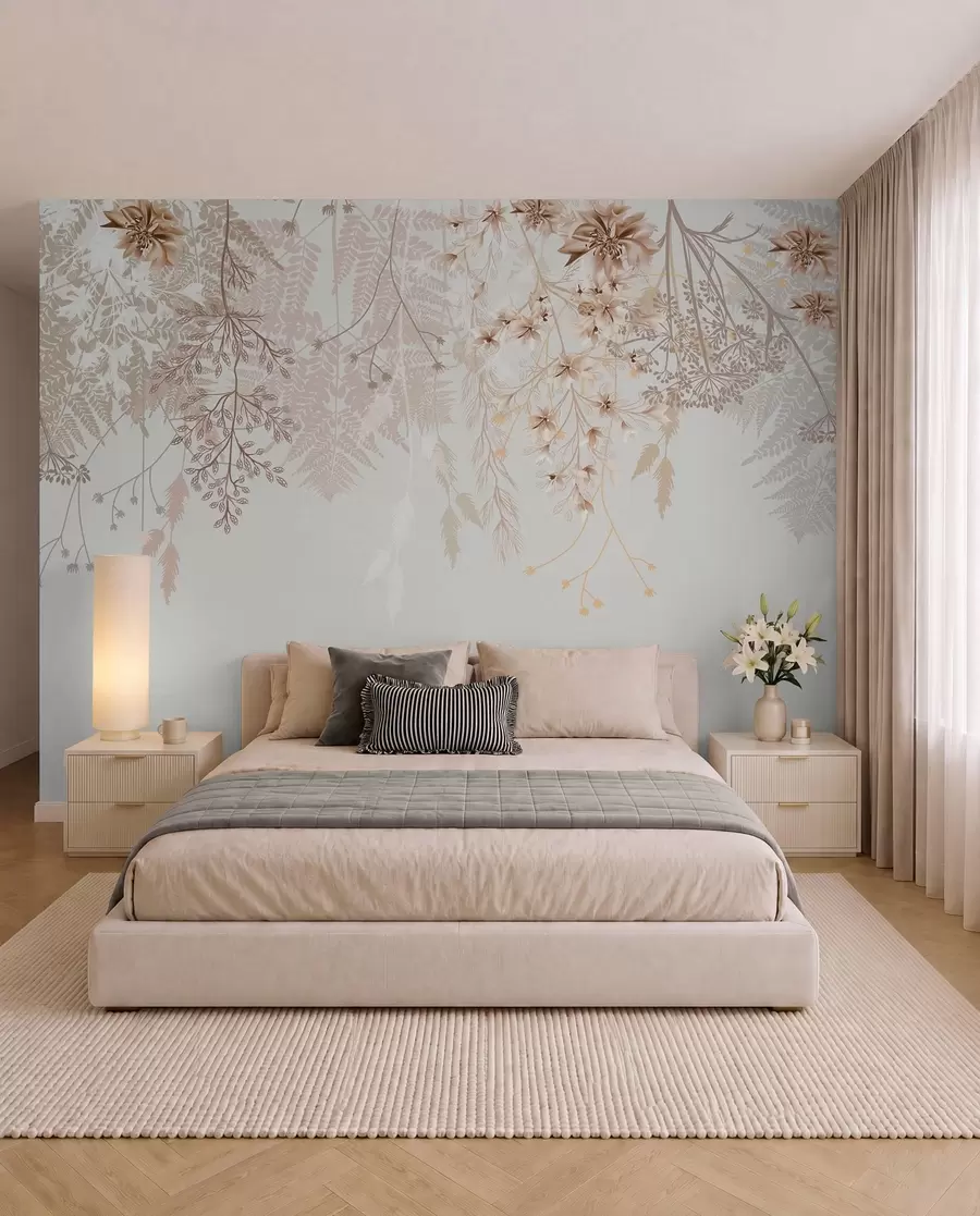 Fototapet Fina blomgrenar och gräs med vita, grå och beige blommor som faller ner över en ljus bakgrund w08598