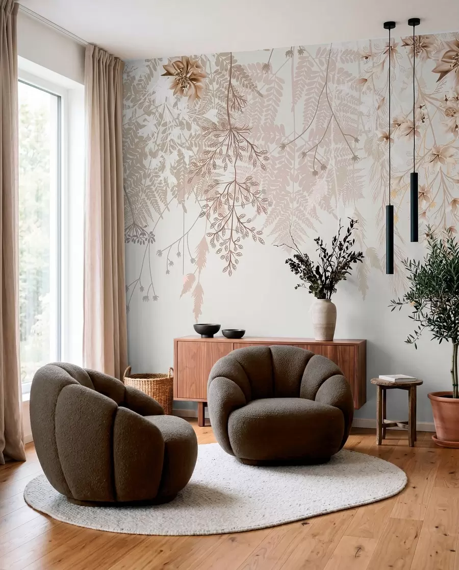 Fototapet Fina blomgrenar och gräs med vita, grå och beige blommor som faller ner över en ljus bakgrund w08598