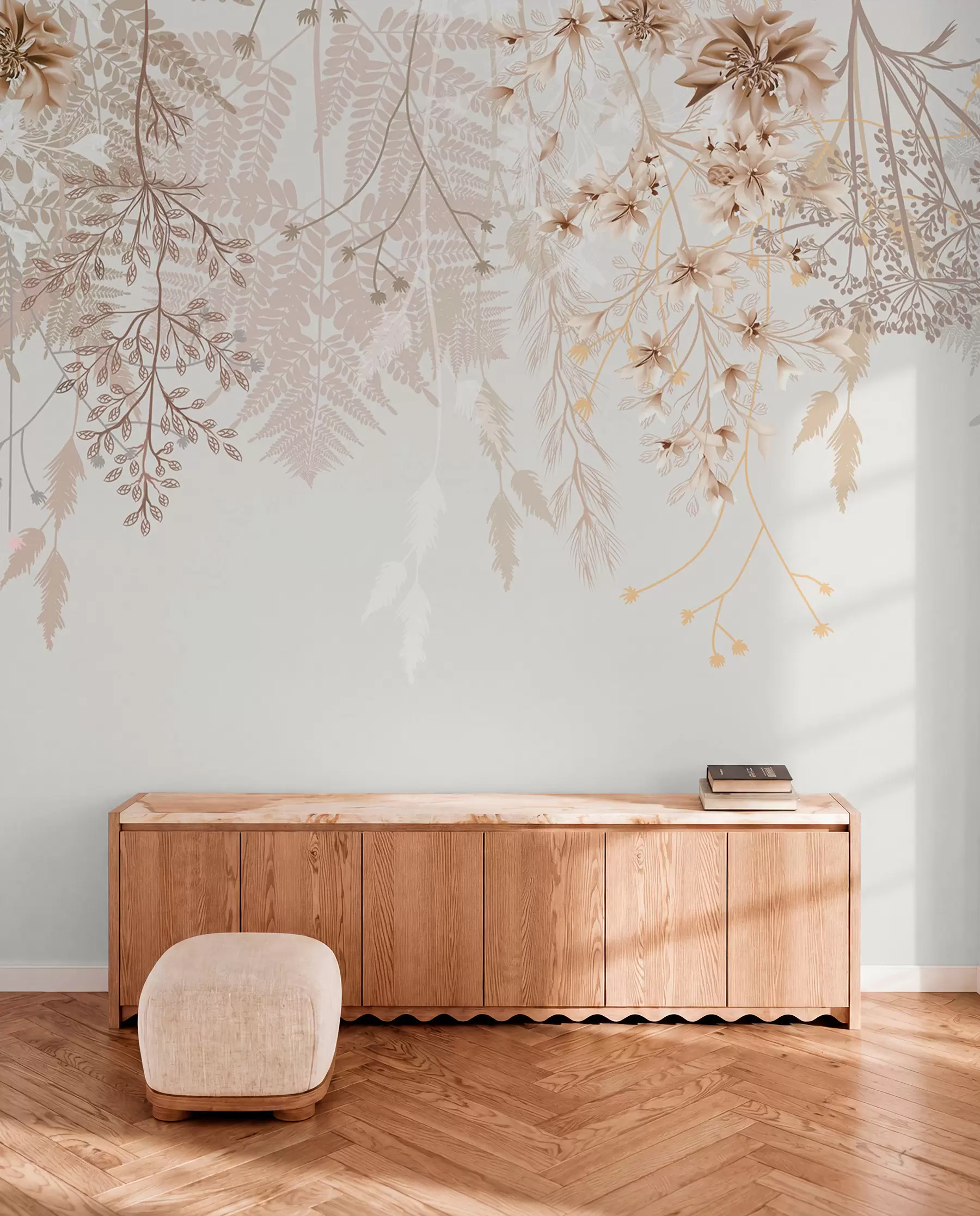 Fototapet Fina blomgrenar och gräs med vita, grå och beige blommor som faller ner över en ljus bakgrund w08598