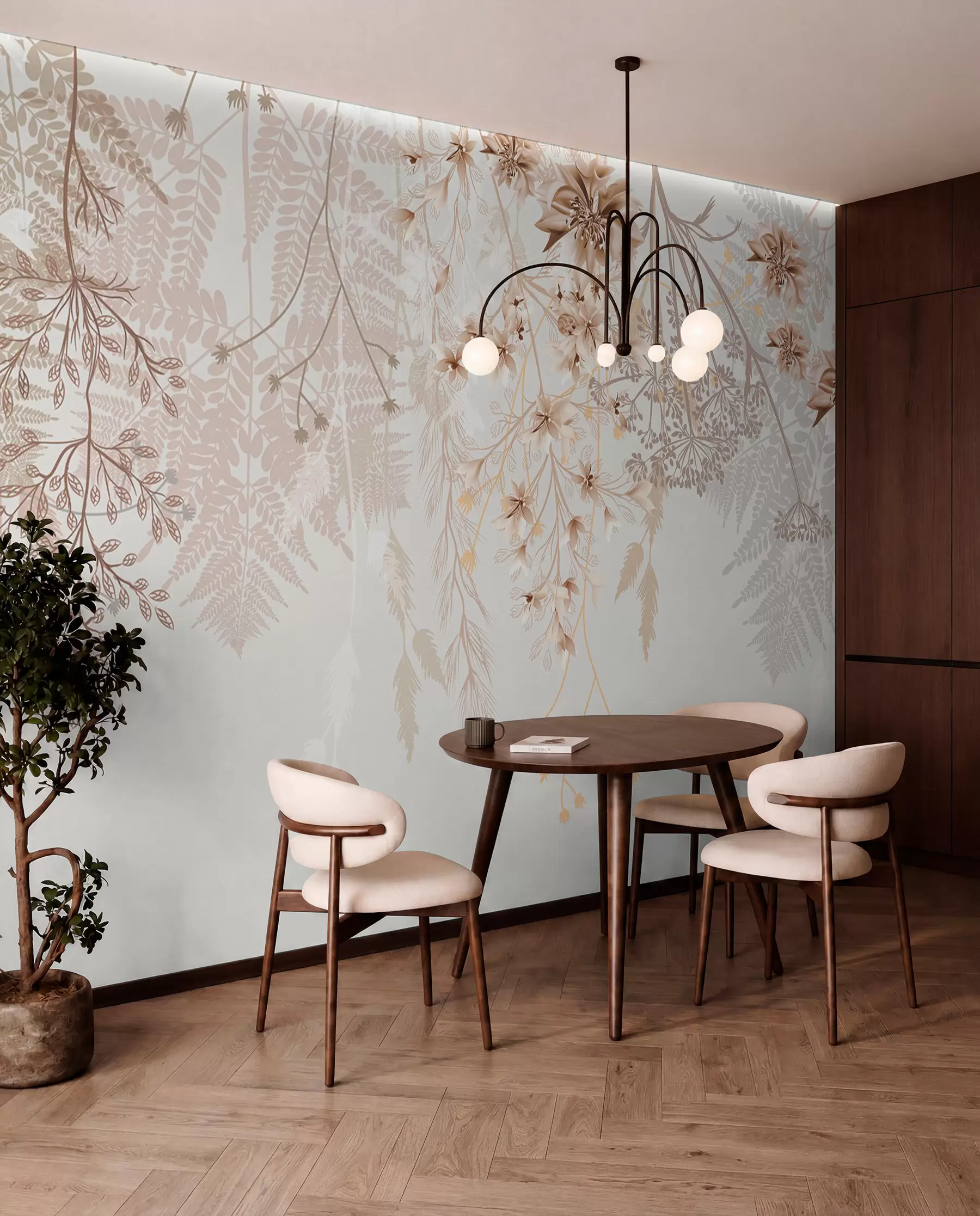 Fototapet Fina blomgrenar och gräs med vita, grå och beige blommor som faller ner över en ljus bakgrund w08598