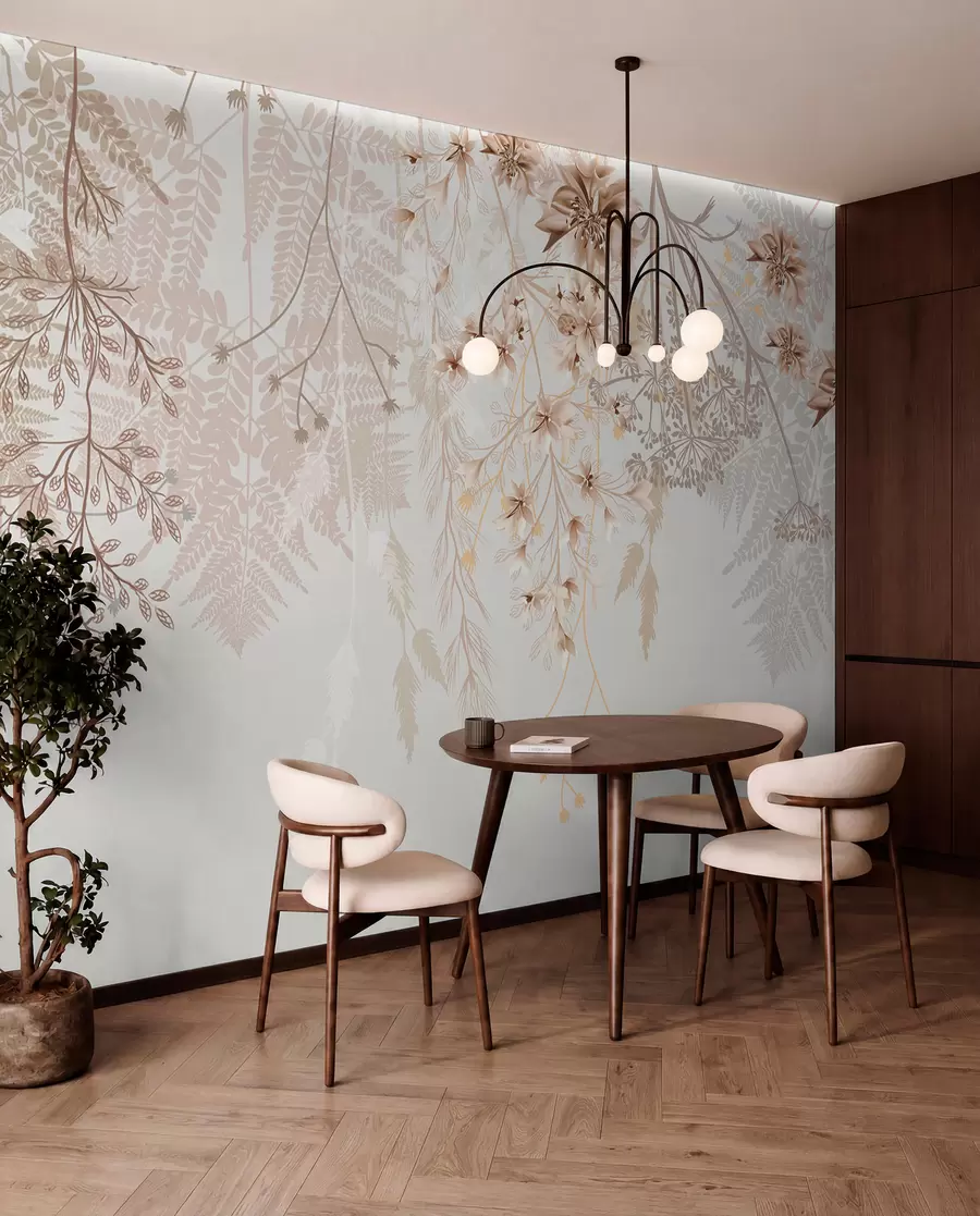 Fototapet Fina blomgrenar och gräs med vita, grå och beige blommor som faller ner över en ljus bakgrund w08598