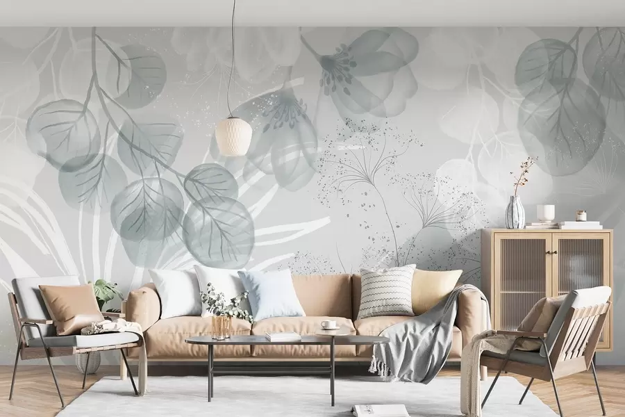 Fototapet Blommiga eucaliptus-element i blå och vita nyanser med överlappande blad och kronblad i minimalistisk stil w08599