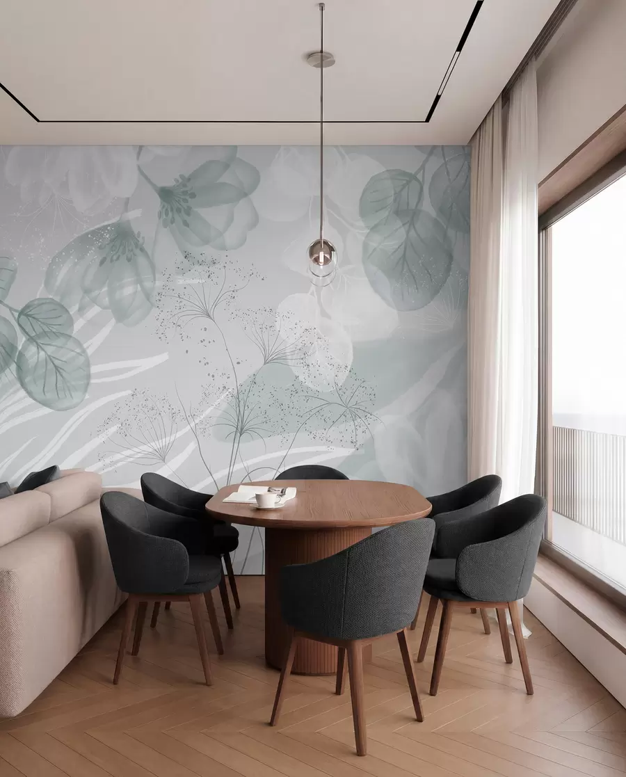 Fototapet Blommiga eucaliptus-element i blå och vita nyanser med överlappande blad och kronblad i minimalistisk stil w08599