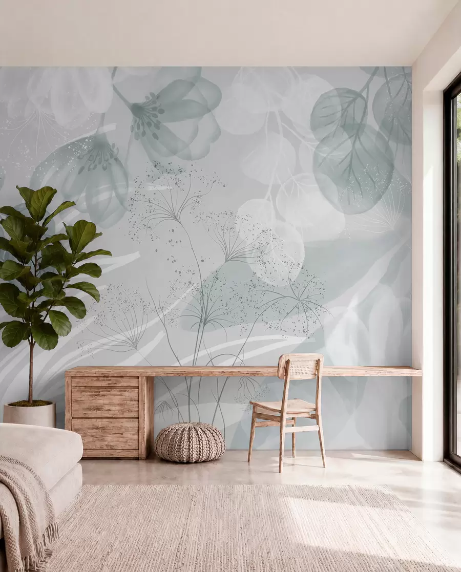 Fototapet Blommiga eucaliptus-element i blå och vita nyanser med överlappande blad och kronblad i minimalistisk stil w08599