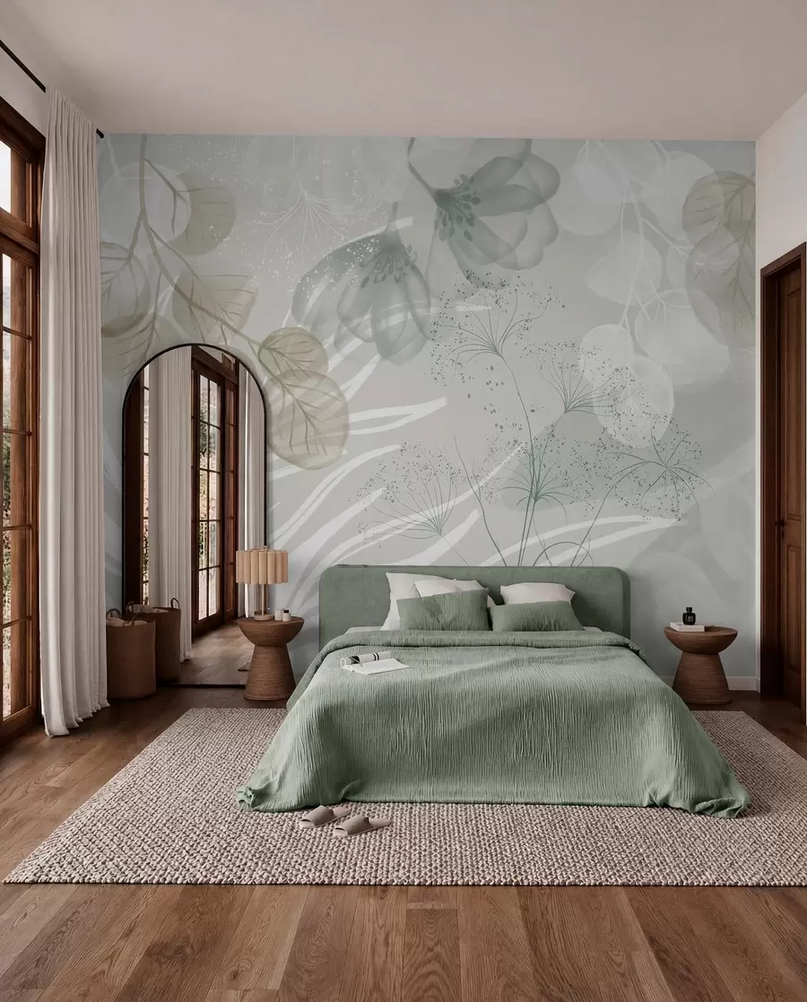 Fototapet Blommiga eucaliptus-element i gröna och vita nyanser med överlappande blad och kronblad i minimalistisk stil w08599v1