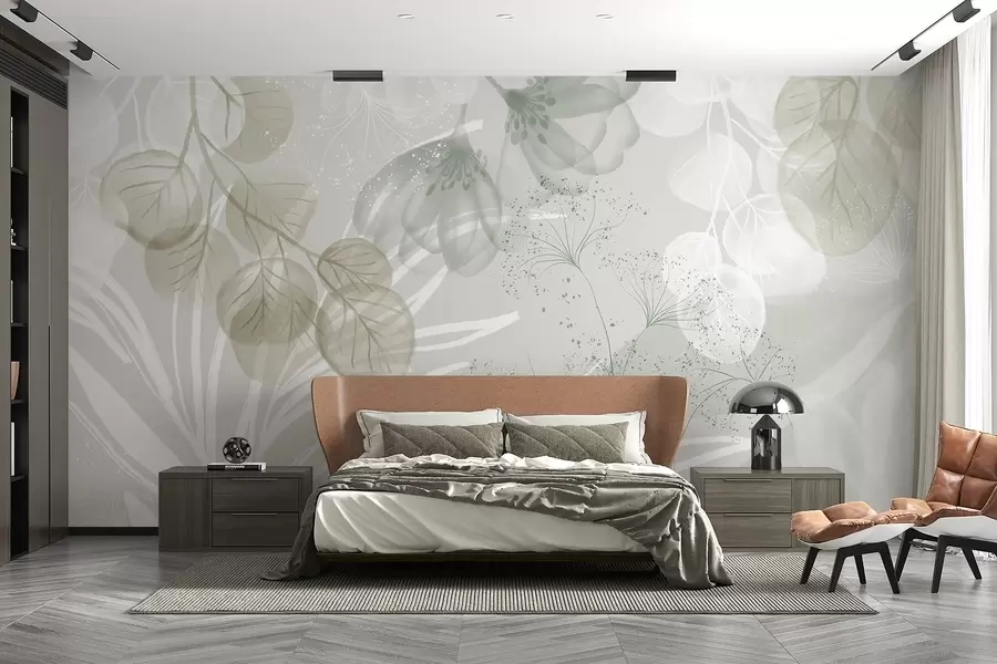 Fototapet Blommiga eucaliptus-element i gröna och vita nyanser med överlappande blad och kronblad i minimalistisk stil w08599v1