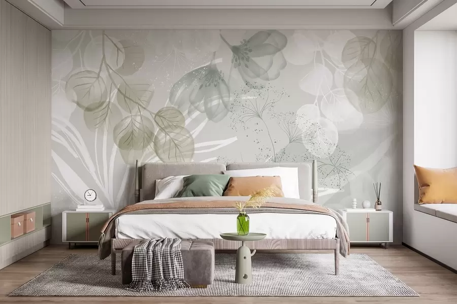 Fototapet Blommiga eucaliptus-element i gröna och vita nyanser med överlappande blad och kronblad i minimalistisk stil w08599v1