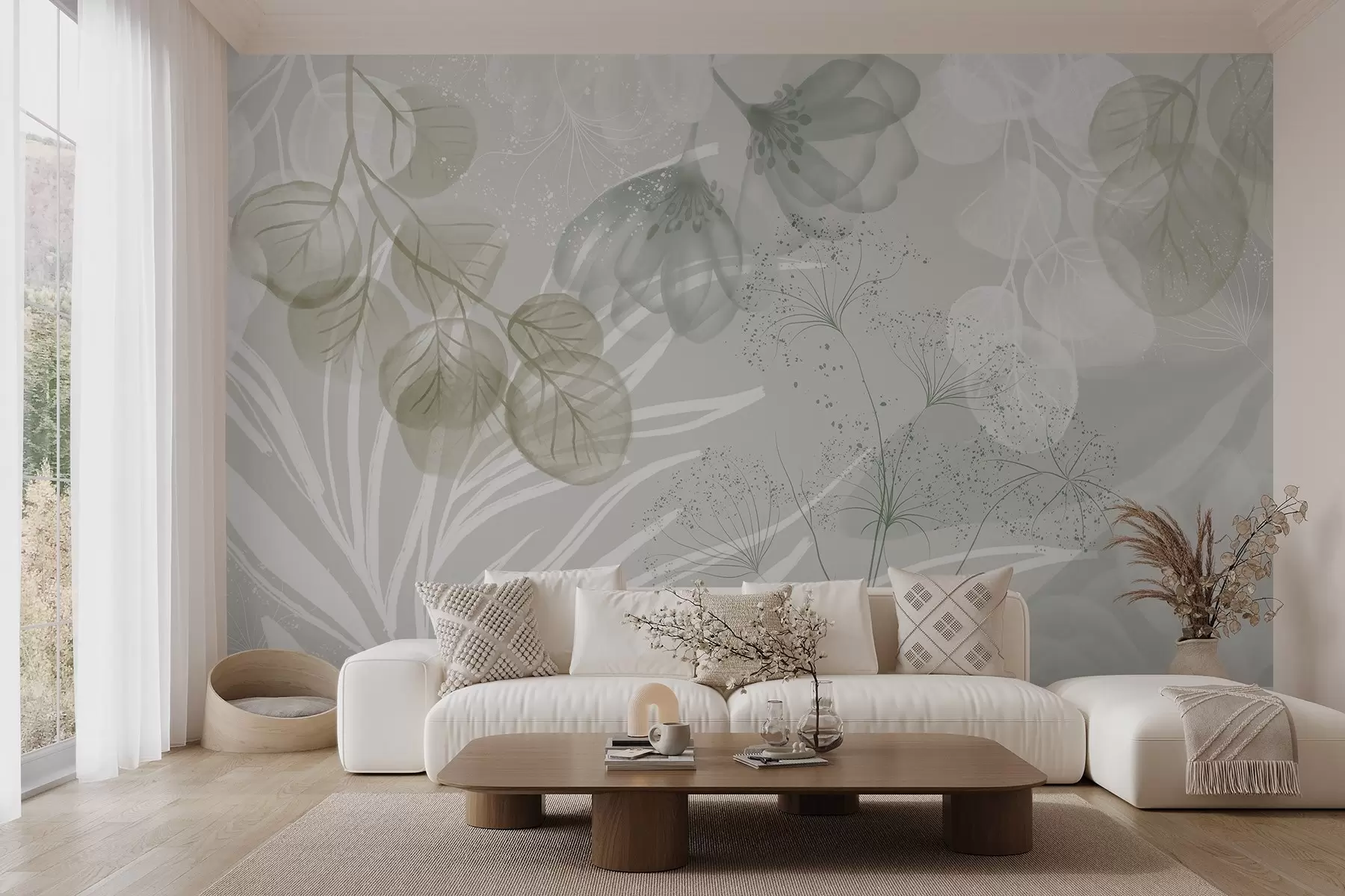 Fototapet Blommiga eucaliptus-element i gröna och vita nyanser med överlappande blad och kronblad i minimalistisk stil w08599v1