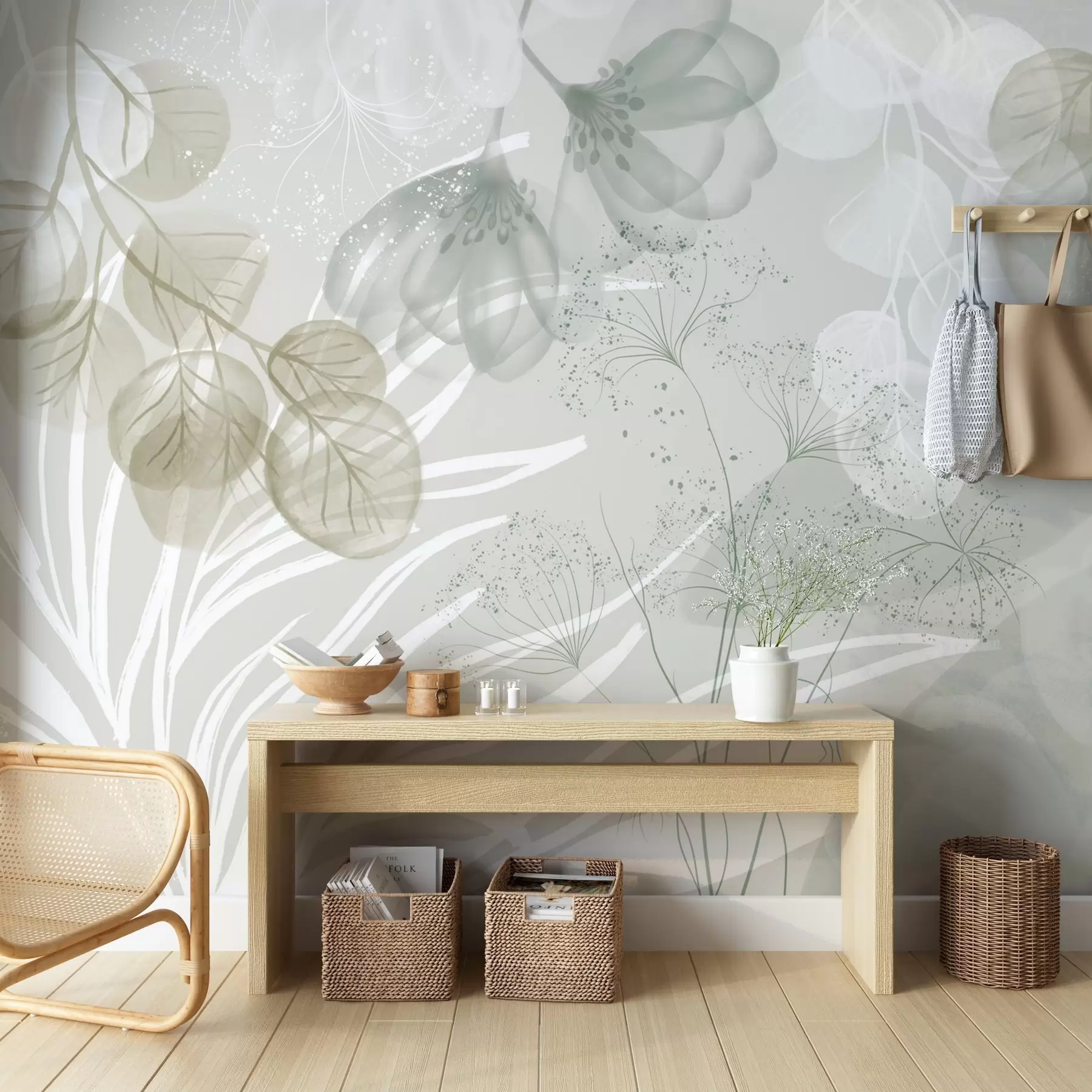 Fototapet Blommiga eucaliptus-element i gröna och vita nyanser med överlappande blad och kronblad i minimalistisk stil w08599v1