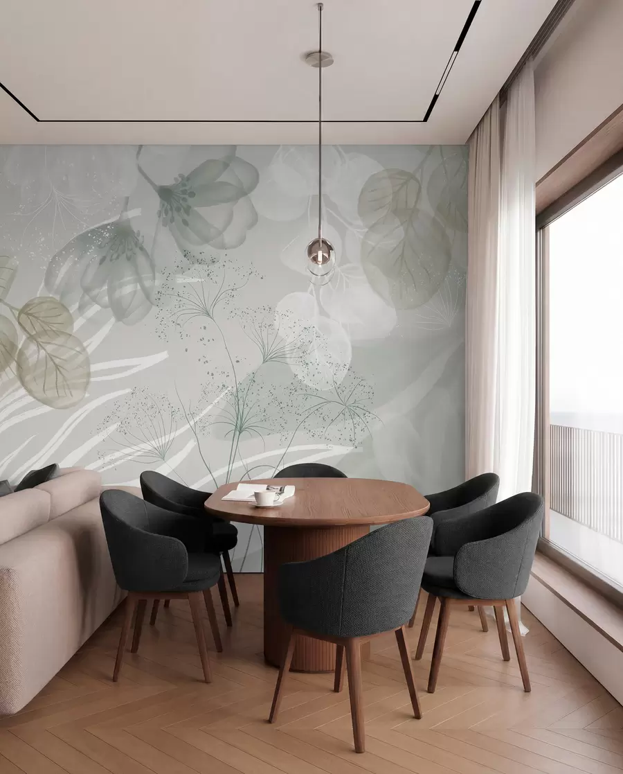 Fototapet Blommiga eucaliptus-element i gröna och vita nyanser med överlappande blad och kronblad i minimalistisk stil w08599v1