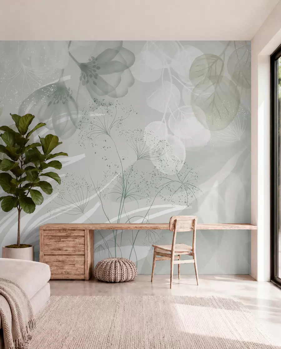 Fototapet Blommiga eucaliptus-element i gröna och vita nyanser med överlappande blad och kronblad i minimalistisk stil w08599v1
