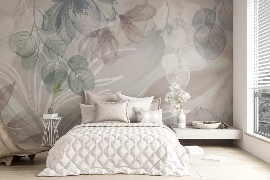 Fototapet Pastellfärgat blomstertryck med transparenta stora abstrakta blommor och blad i nyanser av grått, rosa och grönt w08600