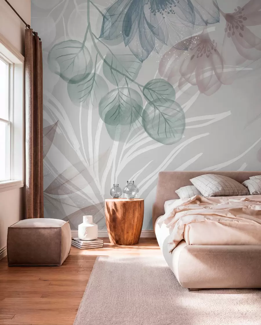 Fototapet Pastellfärgat blomstertryck med transparenta stora abstrakta blommor och blad i nyanser av grått, rosa och grönt w08600