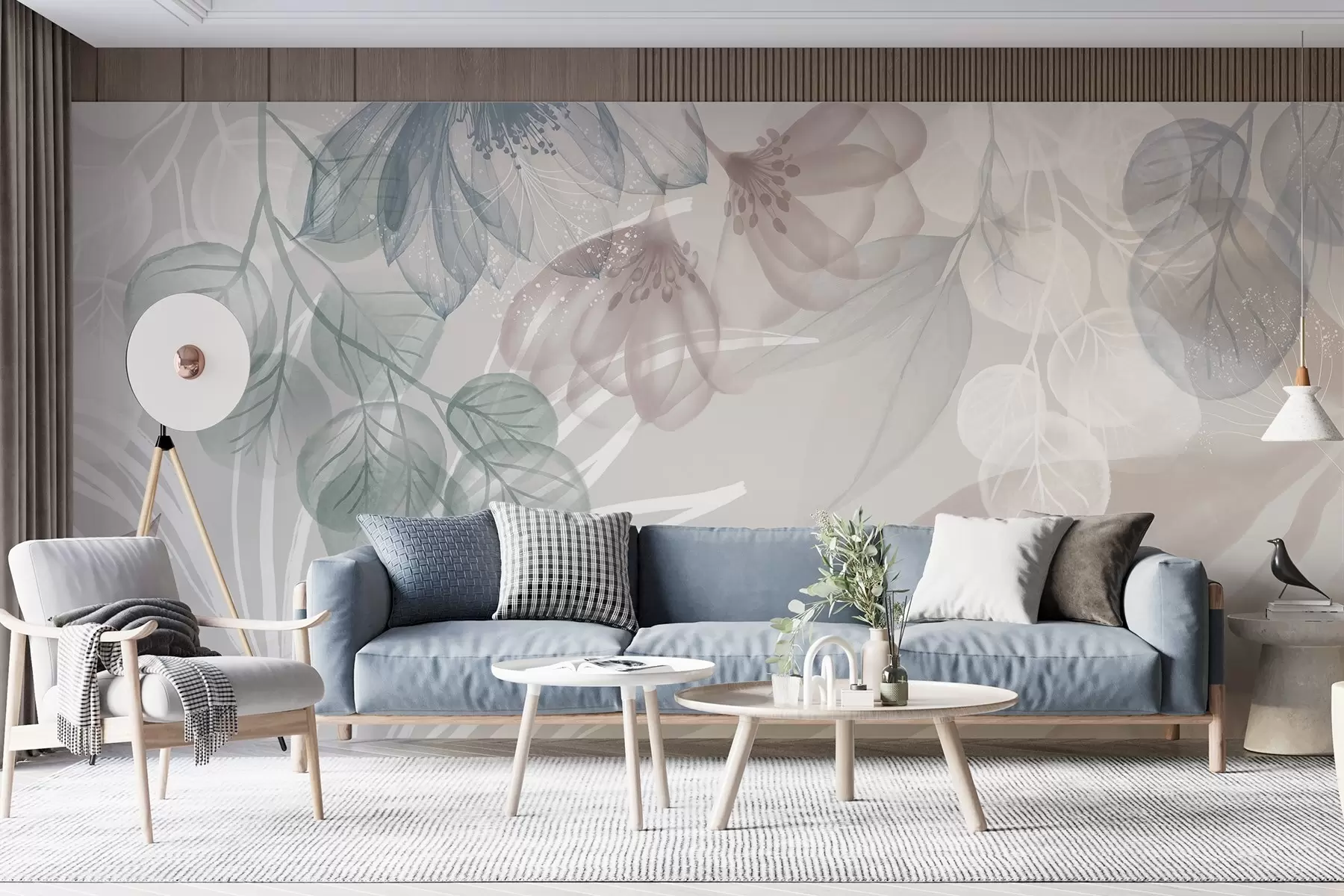 Fototapet Pastellfärgat blomstertryck med transparenta stora abstrakta blommor och blad i nyanser av grått, rosa och grönt w08600