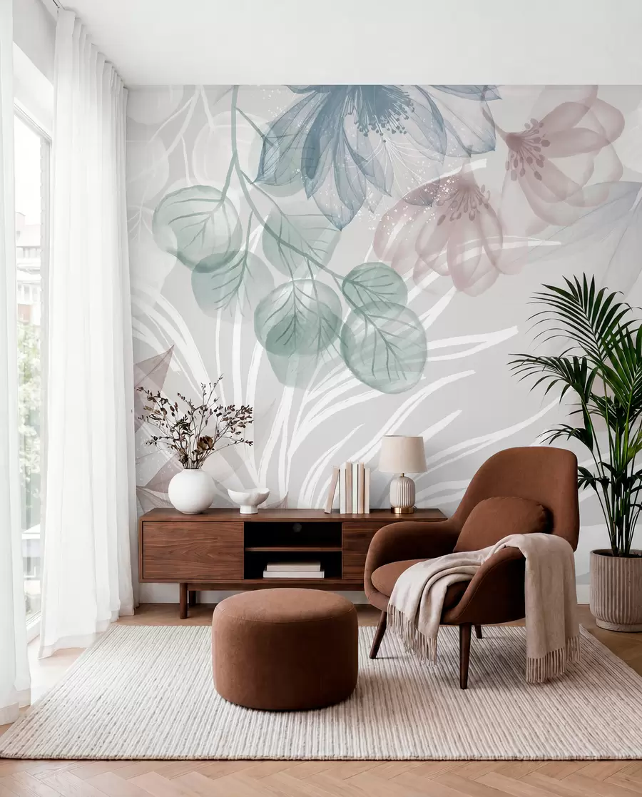 Fototapet Pastellfärgat blomstertryck med transparenta stora abstrakta blommor och blad i nyanser av grått, rosa och grönt w08600