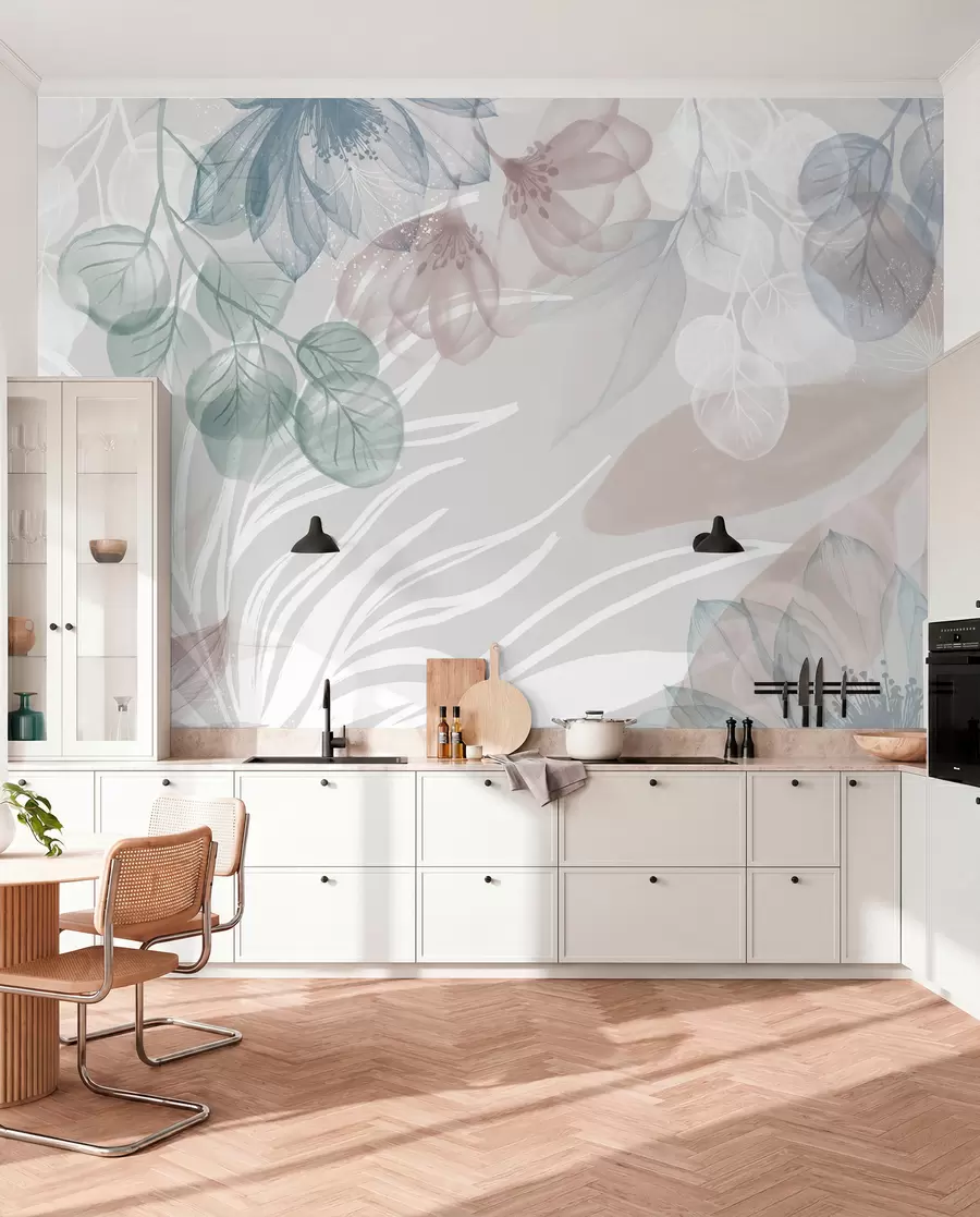 Fototapet Pastellfärgat blomstertryck med transparenta stora abstrakta blommor och blad i nyanser av grått, rosa och grönt w08600