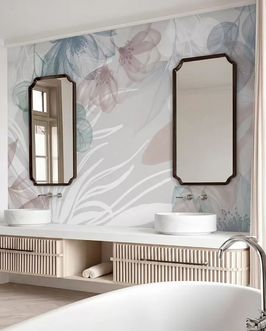 Fototapet Pastellfärgat blomstertryck med transparenta stora abstrakta blommor och blad i nyanser av grått, rosa och grönt w08600