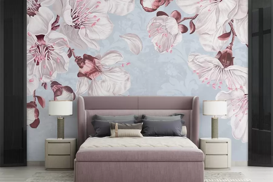 Fototapet Ett blommigt tryck med stora rosa och vita körsbärsblommor mot en ljusblå texturbakgrund w08601