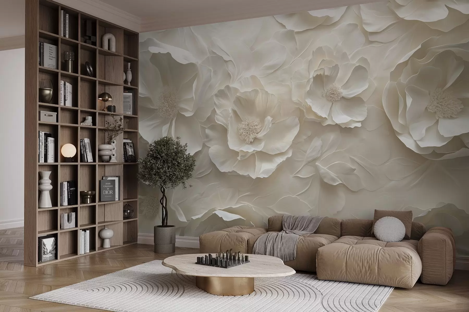 Fototapet Luftiga blommor i varma toner mot en bakgrund av bladstreck w08562