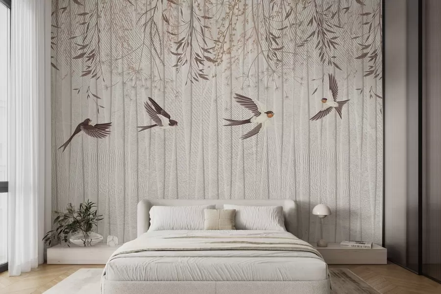 Fototapet Flygande fåglar på en texturerad bakgrund med maskrosor och blommor w08566